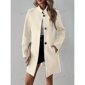 Knee Length Pea Trench Coat with Pockets Small Beige Single Breasted